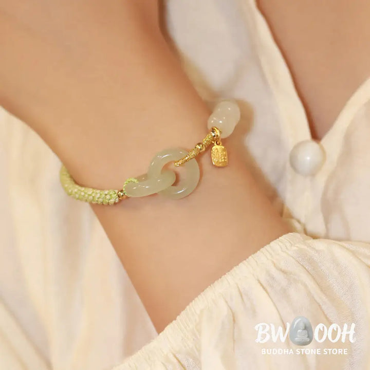 Buddha Stones Natural Hetian Jade Bead Double Peace Buckle Fu Character Abundance Braided Bracelet - BWOOOH - Bracelet