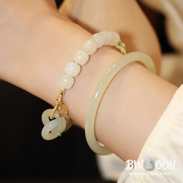Buddha Stones Natural Hetian Jade Bead Double Peace Buckle Fu Character Abundance Braided Bracelet - BWOOOH - Bracelet