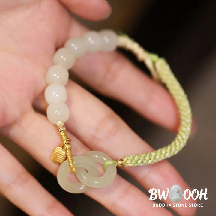 Buddha Stones Natural Hetian Jade Bead Double Peace Buckle Fu Character Abundance Braided Bracelet - BWOOOH - Bracelet