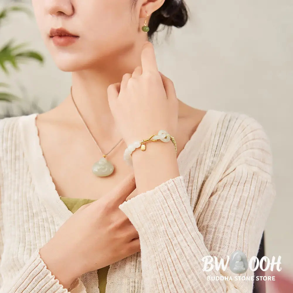 Buddha Stones Natural Hetian Jade Bead Double Peace Buckle Fu Character Abundance Braided Bracelet - BWOOOH - Bracelet