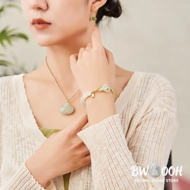 Buddha Stones Natural Hetian Jade Bead Double Peace Buckle Fu Character Abundance Braided Bracelet - BWOOOH - Bracelet