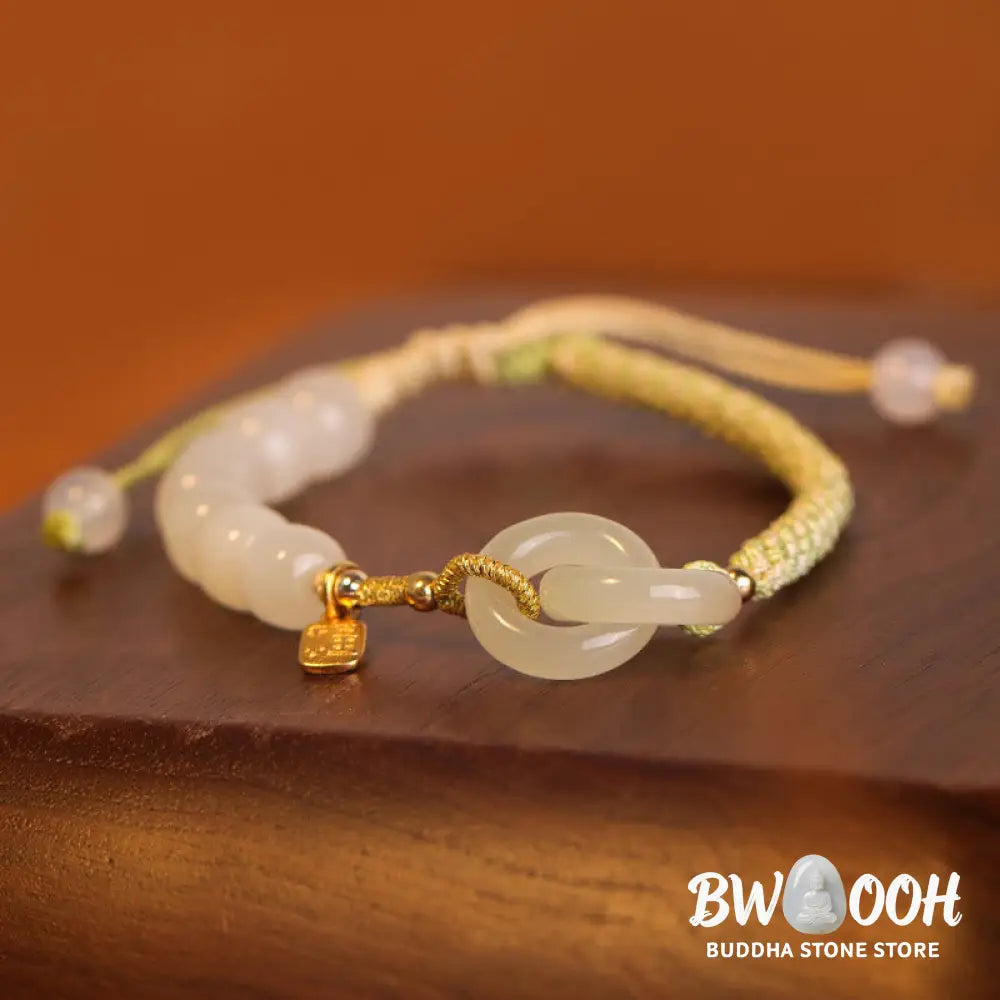 Buddha Stones Natural Hetian Jade Bead Double Peace Buckle Fu Character Abundance Braided Bracelet - BWOOOH - Bracelet