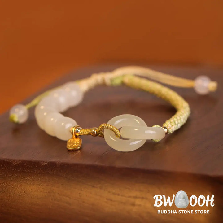 Buddha Stones Natural Hetian Jade Bead Double Peace Buckle Fu Character Abundance Braided Bracelet - BWOOOH - Bracelet
