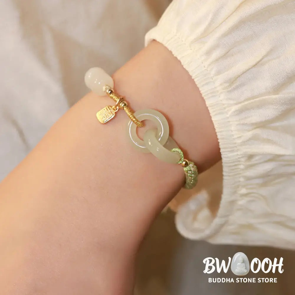 Buddha Stones Natural Hetian Jade Bead Double Peace Buckle Fu Character Abundance Braided Bracelet - BWOOOH - Bracelet