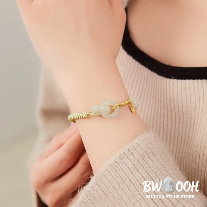 Buddha Stones Natural Hetian Jade Bead Double Peace Buckle Fu Character Abundance Braided Bracelet - BWOOOH - Bracelet