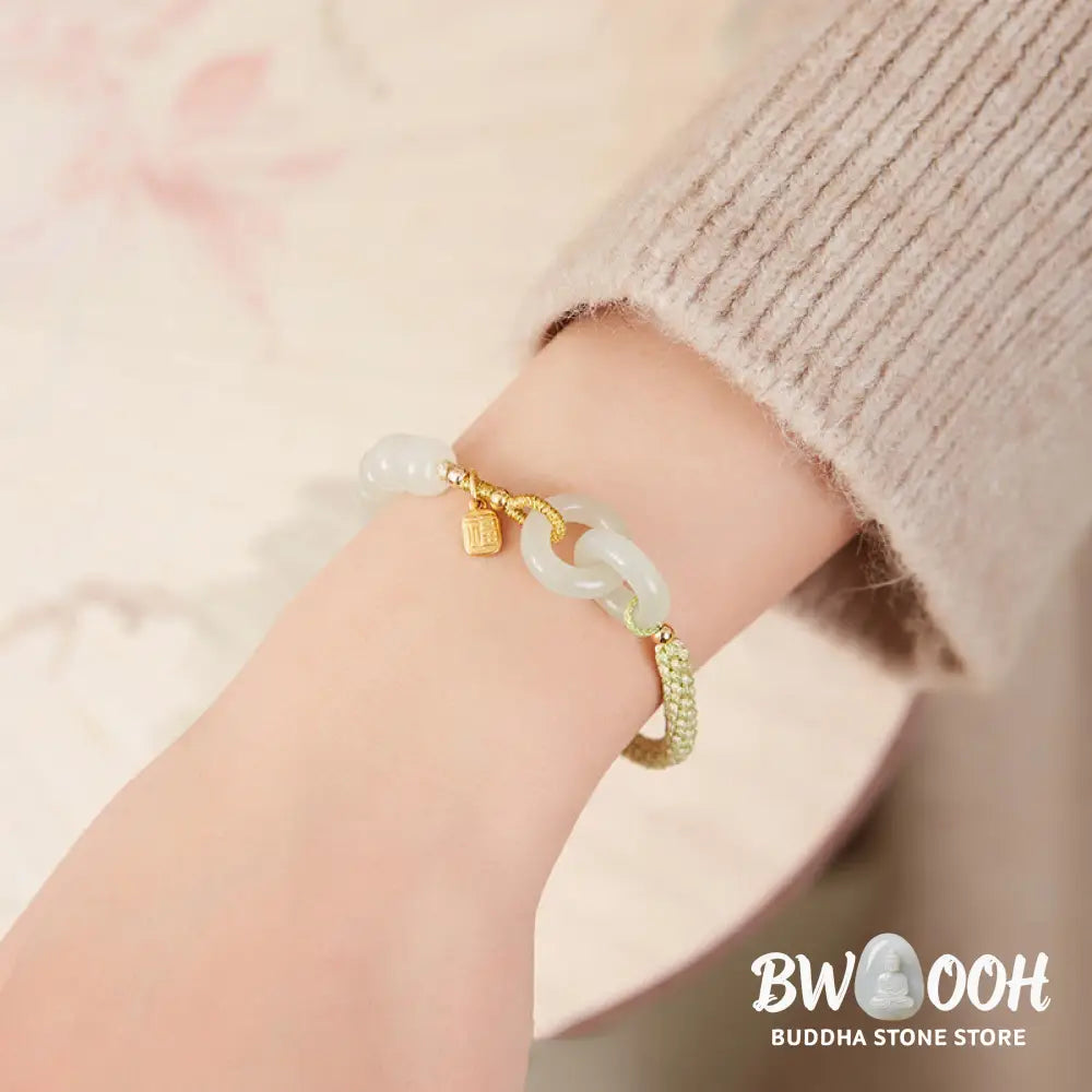 Buddha Stones Natural Hetian Jade Bead Double Peace Buckle Fu Character Abundance Braided Bracelet - BWOOOH - Bracelet