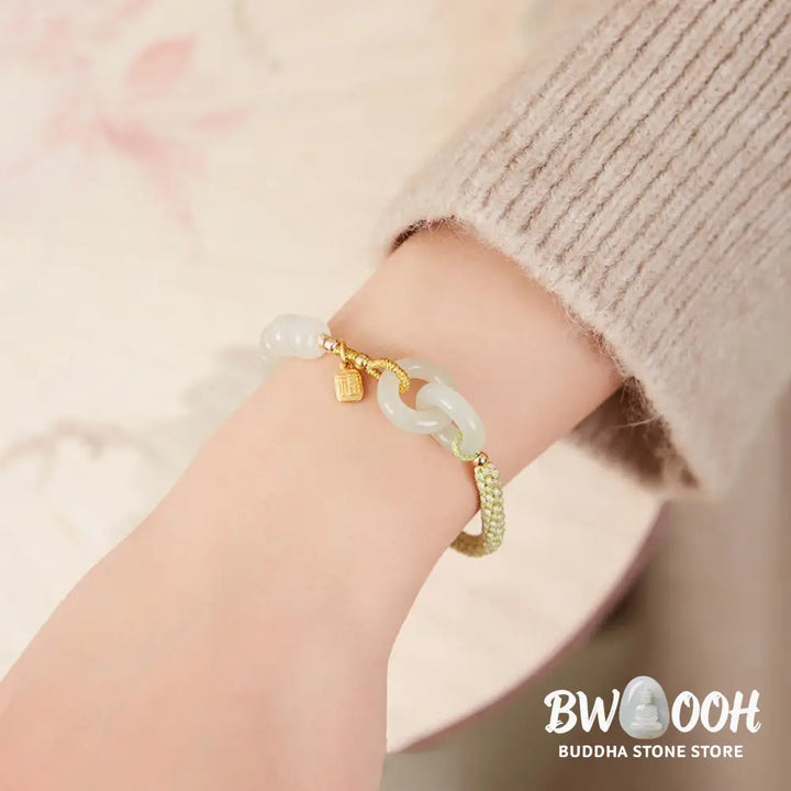 Buddha Stones Natural Hetian Jade Bead Double Peace Buckle Fu Character Abundance Braided Bracelet - BWOOOH - Bracelet