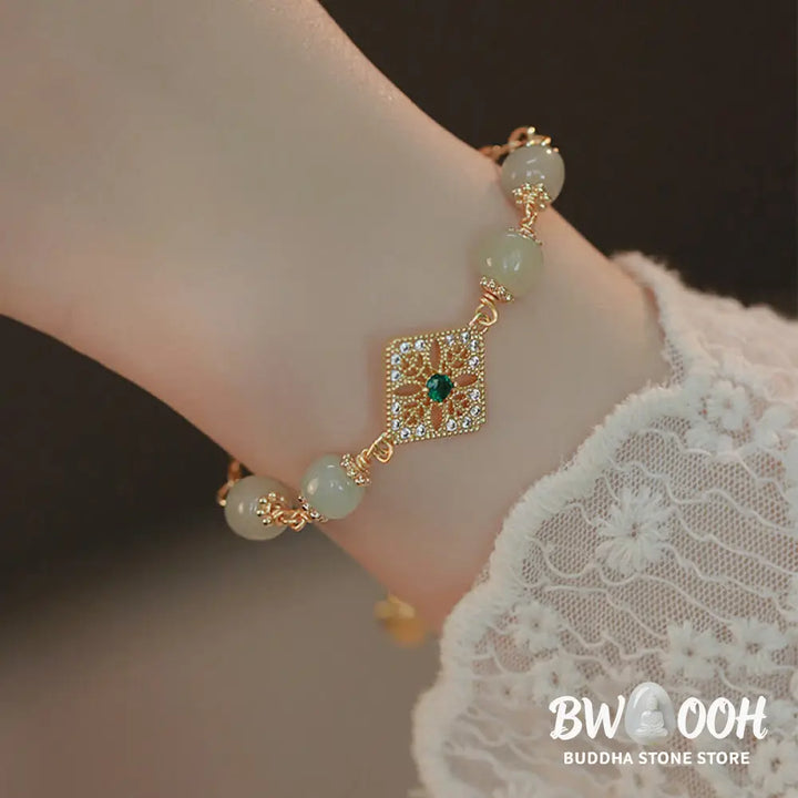 Buddha Stones Natural Hetian Jade Bead Square Pattern Luck Chain Bracelet - BWOOOH - Jade(Prosperity♥Abundance)(Wrist