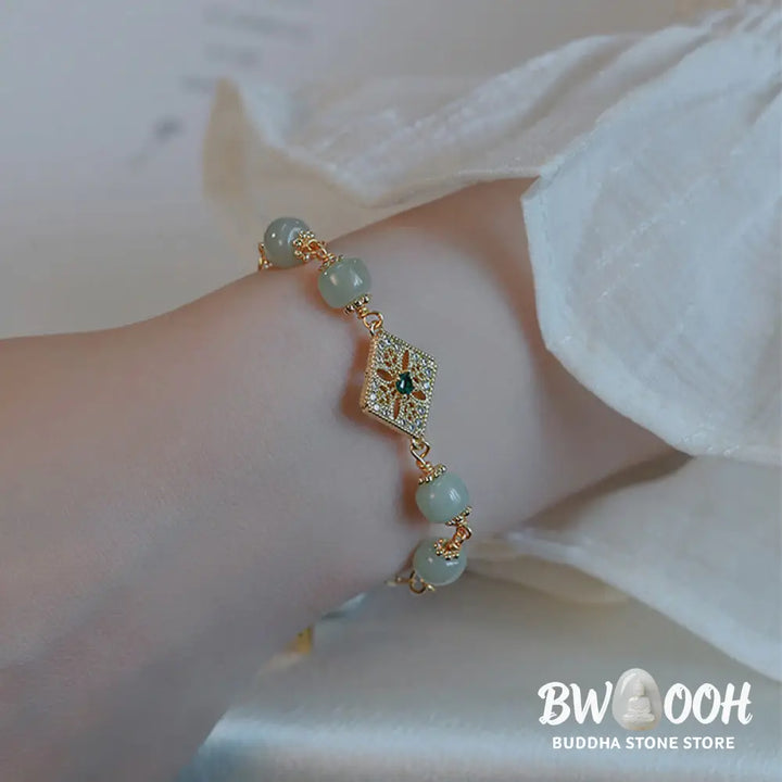 Buddha Stones Natural Hetian Jade Bead Square Pattern Luck Chain Bracelet - BWOOOH - Jade(Prosperity♥Abundance)(Wrist