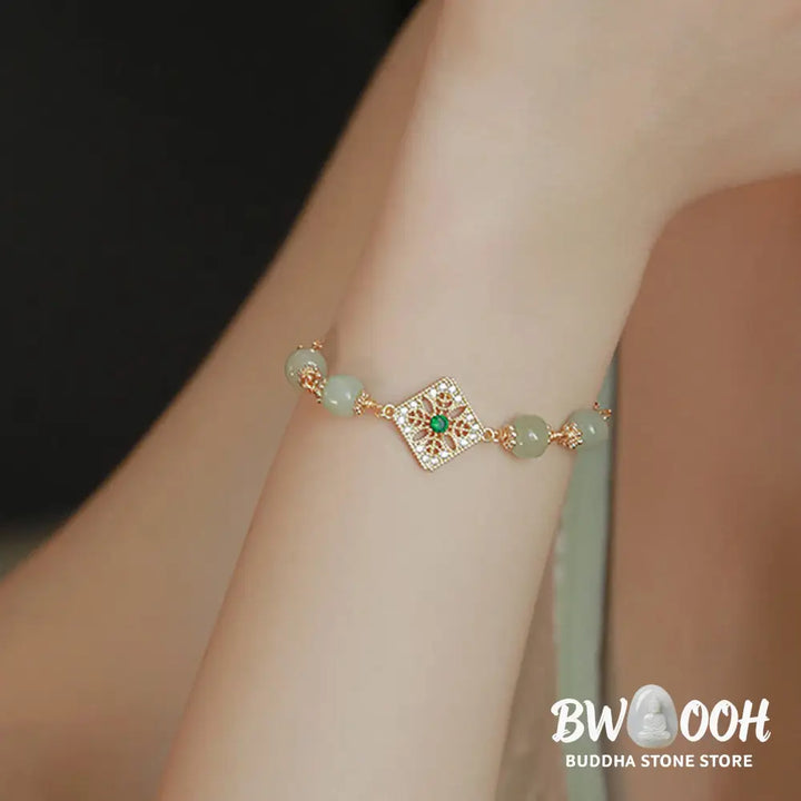 Buddha Stones Natural Hetian Jade Bead Square Pattern Luck Chain Bracelet - BWOOOH - Jade(Prosperity♥Abundance)(Wrist