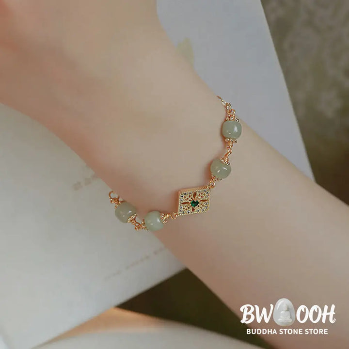 Buddha Stones Natural Hetian Jade Bead Square Pattern Luck Chain Bracelet - BWOOOH - Jade(Prosperity♥Abundance)(Wrist