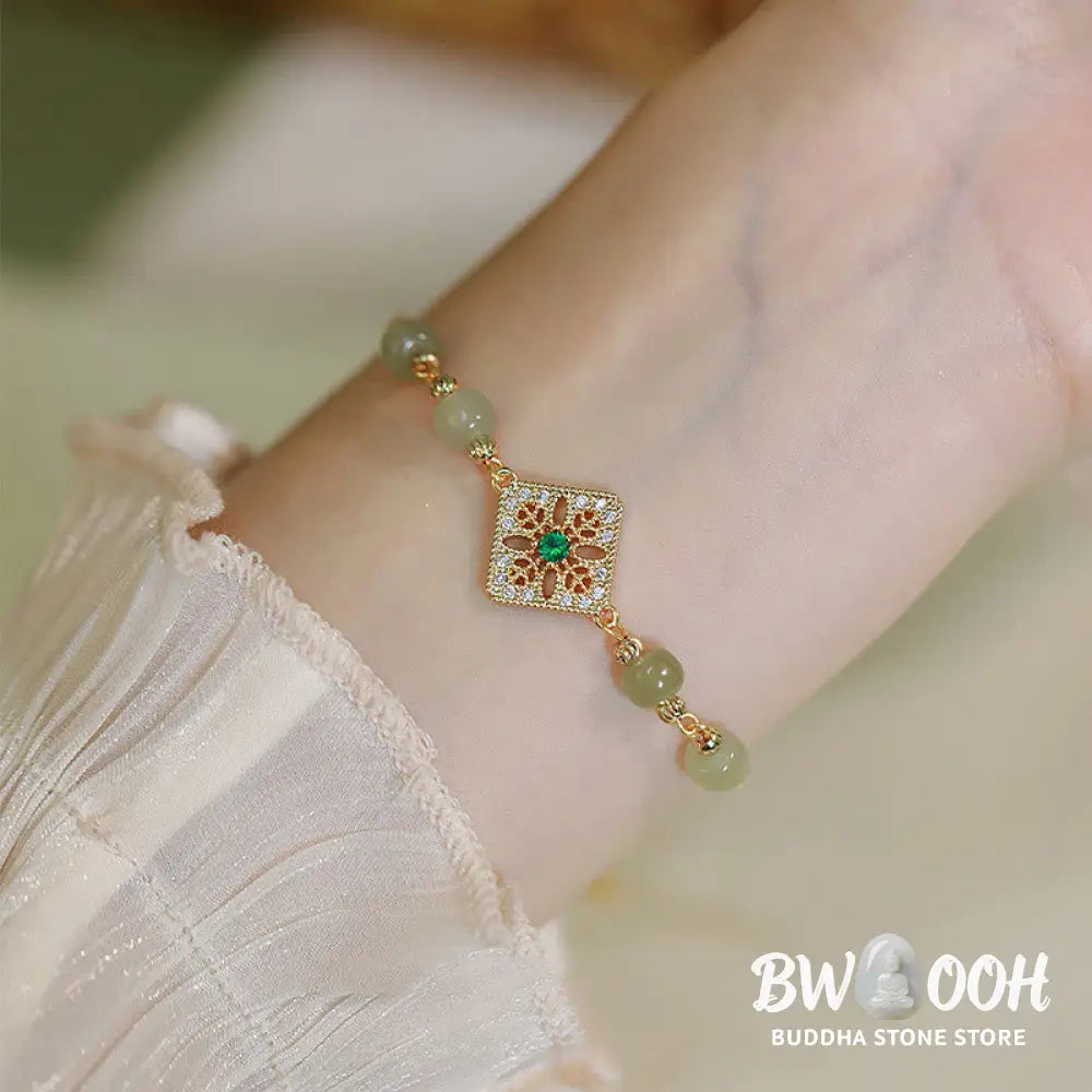 Buddha Stones Natural Hetian Jade Bead Square Pattern Luck Chain Bracelet - BWOOOH - Jade(Prosperity♥Abundance)(Wrist