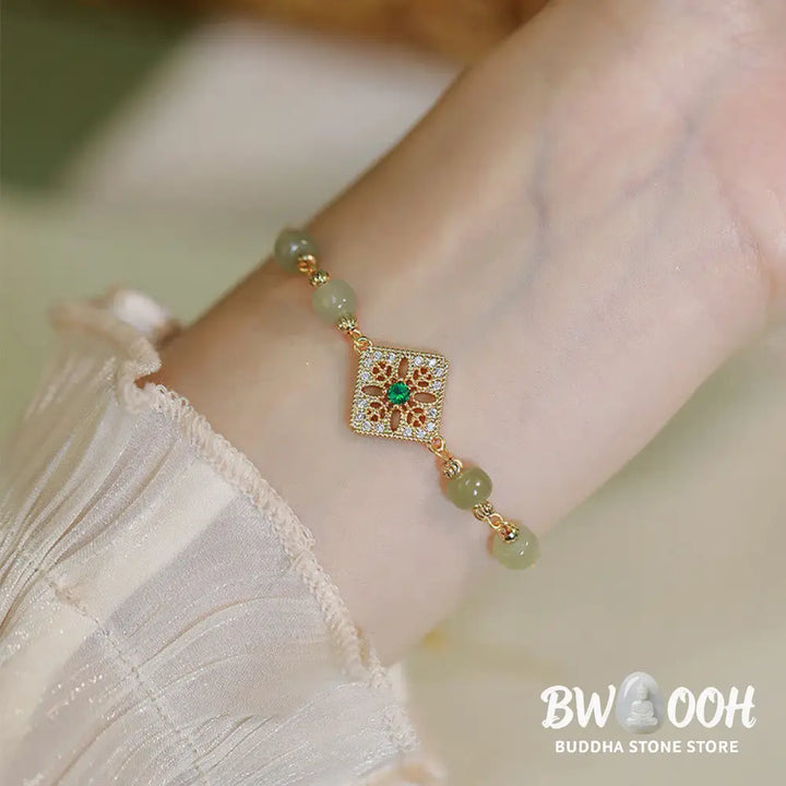 Buddha Stones Natural Hetian Jade Bead Square Pattern Luck Chain Bracelet - BWOOOH - Jade(Prosperity♥Abundance)(Wrist