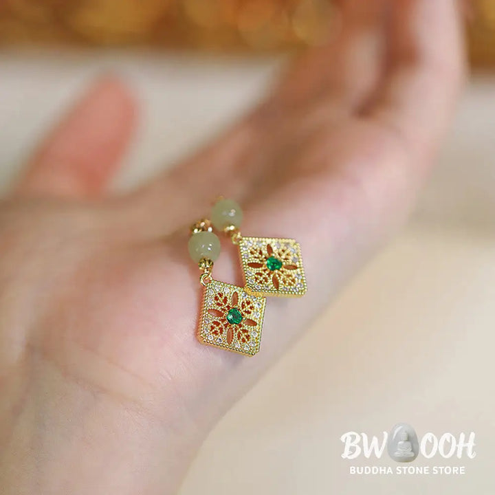 Buddha Stones Natural Hetian Jade Bead Square Pattern Luck Chain Bracelet - BWOOOH - Jade(Prosperity♥Abundance)(Wrist