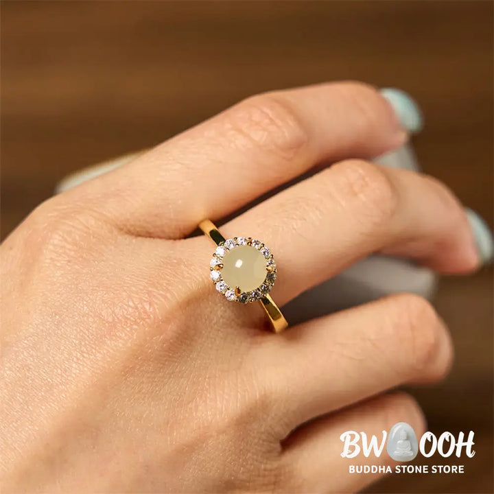 Buddha Stones Natural Hetian Jade Egg Copper Open Luck Prosperity Ring - Hetian Jade - Ring