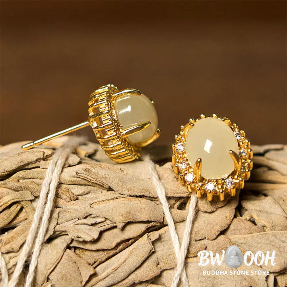 Buddha Stones Natural Hetian Jade Egg Copper Prosperity Earrings - Hetian Jade - Earrings