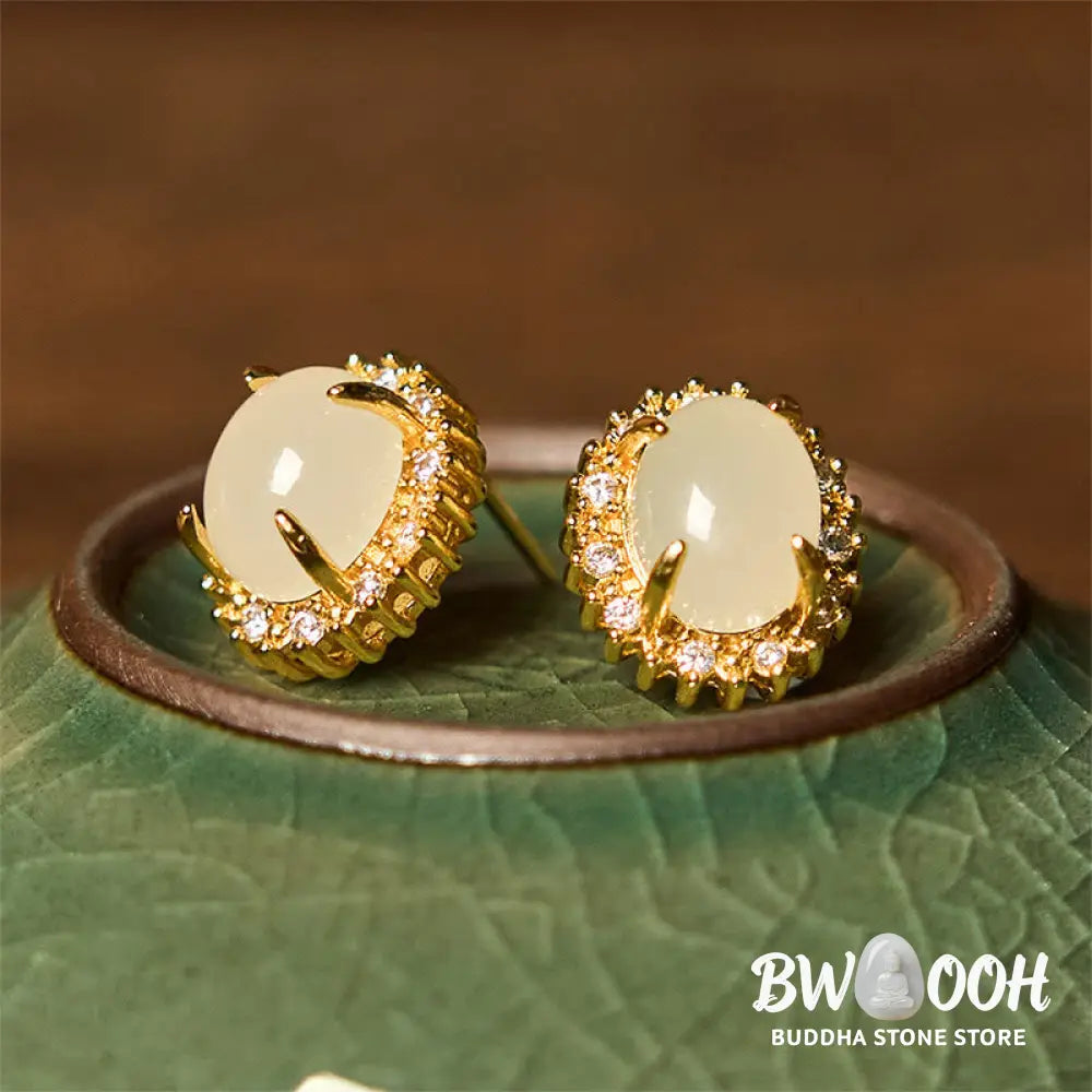 Buddha Stones Natural Hetian Jade Egg Copper Prosperity Earrings - Hetian Jade - Earrings