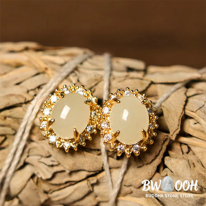 Buddha Stones Natural Hetian Jade Egg Copper Prosperity Earrings - Hetian Jade - Earrings