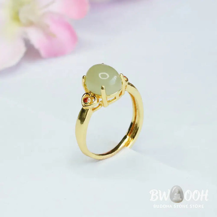 Buddha Stones Natural Hetian Jade Egg Heart-shaped Copper Luck Open Ring - Hetian Jade - Ring