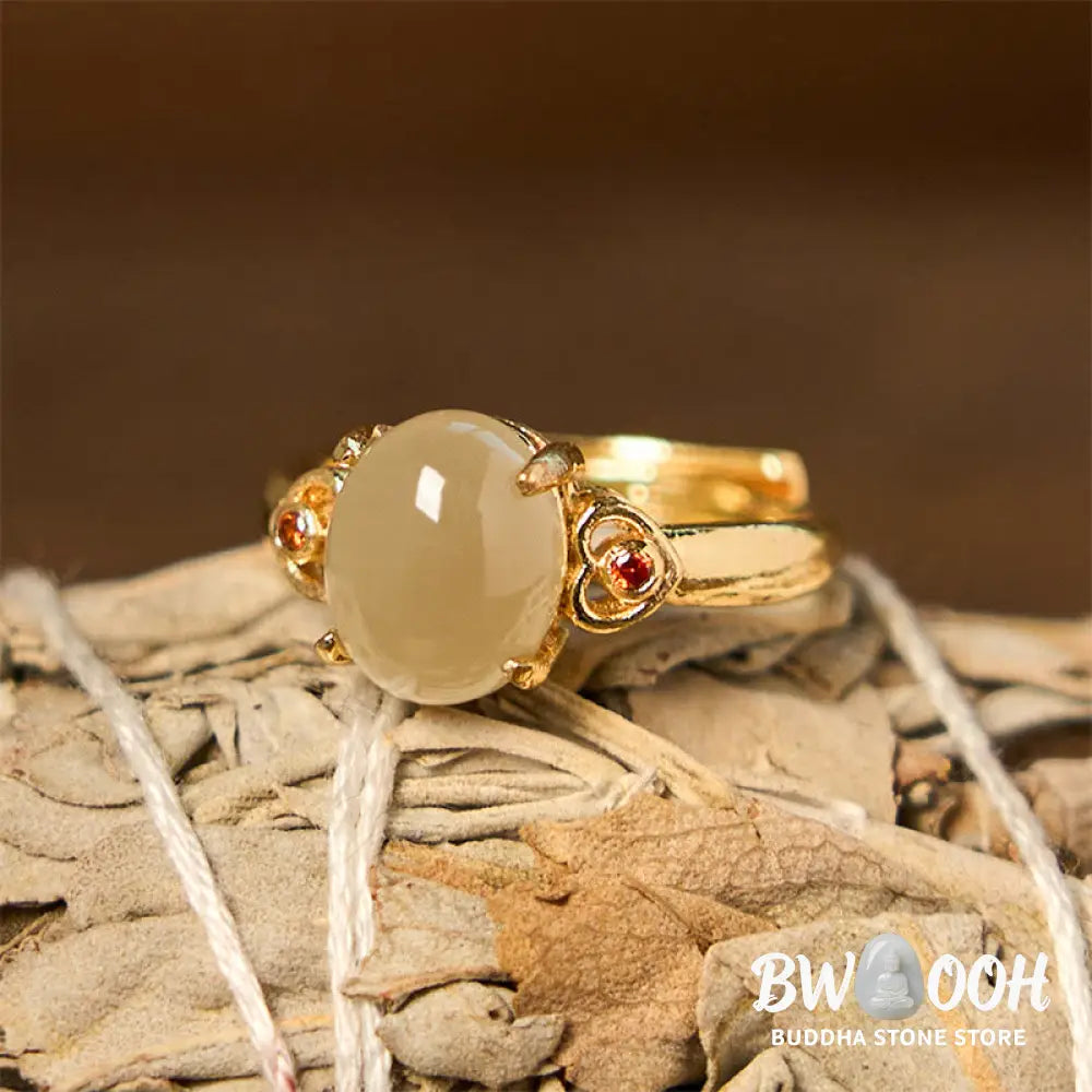 Buddha Stones Natural Hetian Jade Egg Heart-shaped Copper Luck Open Ring - Hetian Jade - Ring