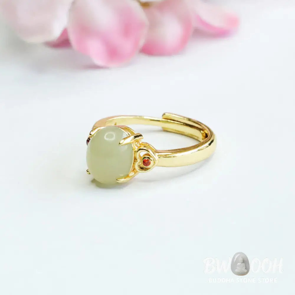 Buddha Stones Natural Hetian Jade Egg Heart-shaped Copper Luck Open Ring - Hetian Jade - Ring