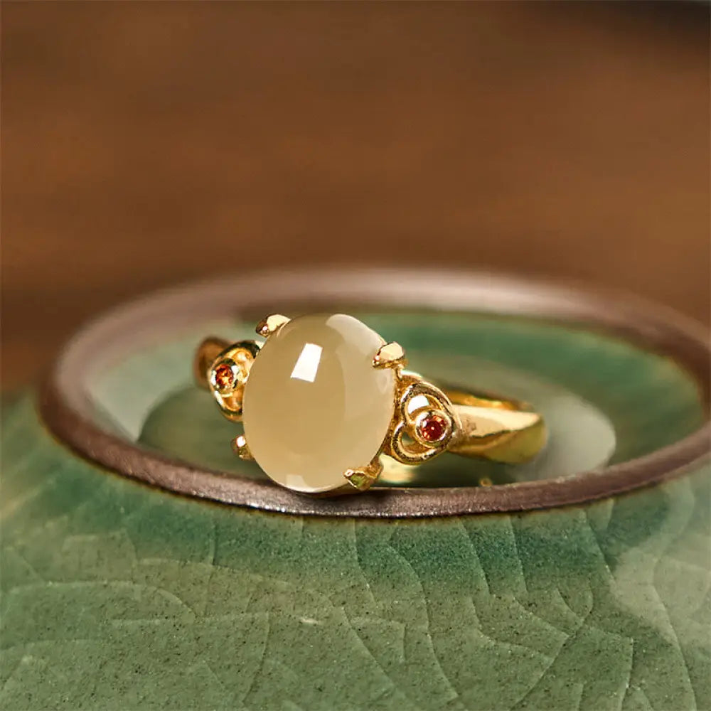 BWOOOH Natural Hetian Jade Egg Heart-shaped Copper Luck Open Ring — Jade spiritual jewelry for spiritual healing and mindf...