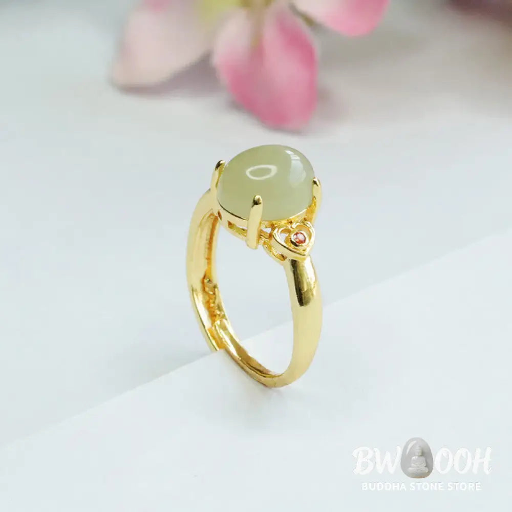 Buddha Stones Natural Hetian Jade Egg Heart-shaped Copper Luck Open Ring - Hetian Jade - Ring