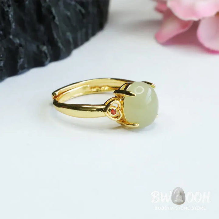 Buddha Stones Natural Hetian Jade Egg Heart-shaped Copper Luck Open Ring - Hetian Jade - Ring