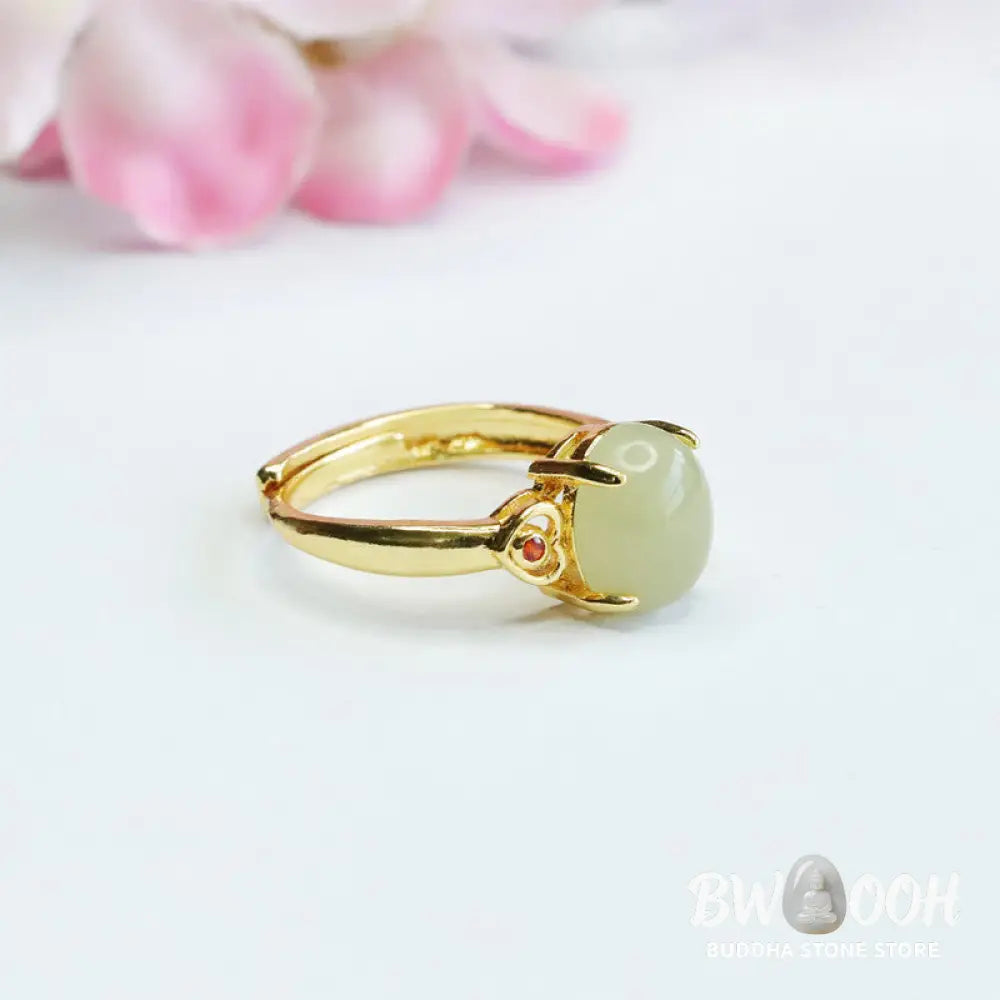 Buddha Stones Natural Hetian Jade Egg Heart-shaped Copper Luck Open Ring - Hetian Jade - Ring