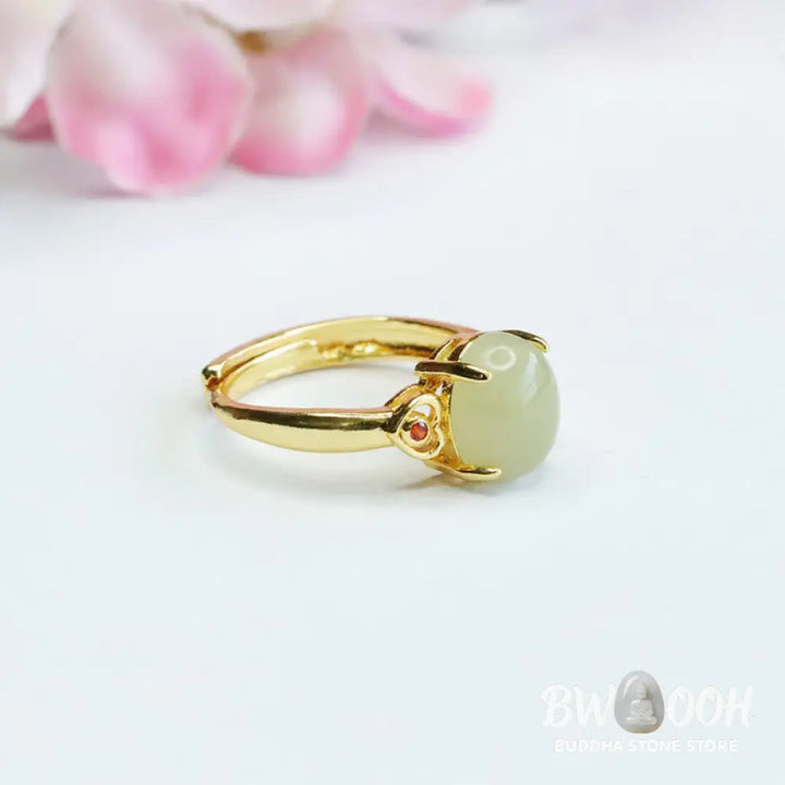 Buddha Stones Natural Hetian Jade Egg Heart-shaped Copper Luck Open Ring - Hetian Jade - Ring