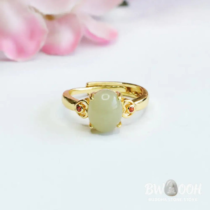 Buddha Stones Natural Hetian Jade Egg Heart-shaped Copper Luck Open Ring - Hetian Jade - Ring