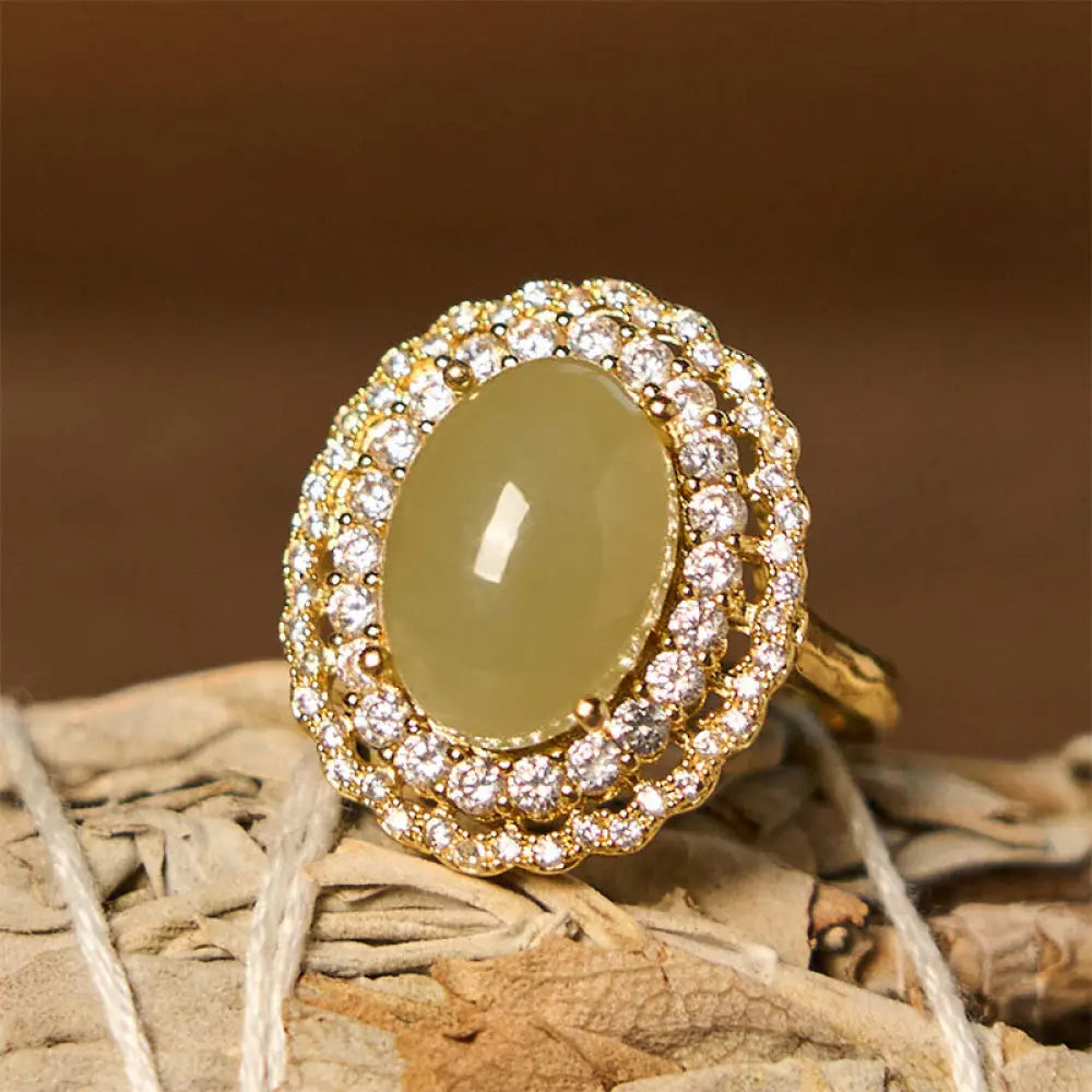 BWOOOH Natural Hetian Jade Egg Hollow Double Circle Zirconia Copper Open Abundance Ring — Jade spiritual jewelry for spiri...