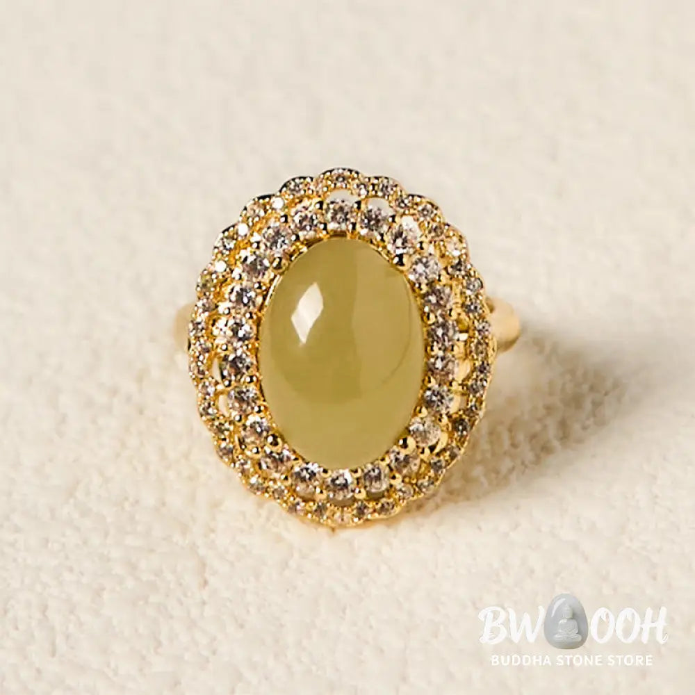 Buddha Stones Natural Hetian Jade Egg Hollow Double Circle Zirconia Copper Open Abundance Ring - Hetian Jade - Ring