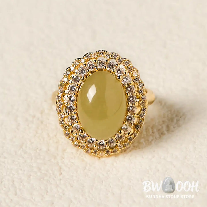 Buddha Stones Natural Hetian Jade Egg Hollow Double Circle Zirconia Copper Open Abundance Ring - Hetian Jade - Ring
