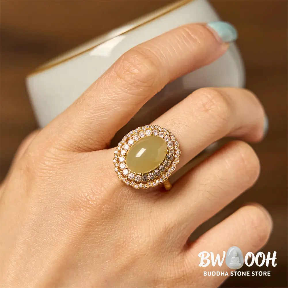 Buddha Stones Natural Hetian Jade Egg Hollow Double Circle Zirconia Copper Open Abundance Ring - Hetian Jade - Ring