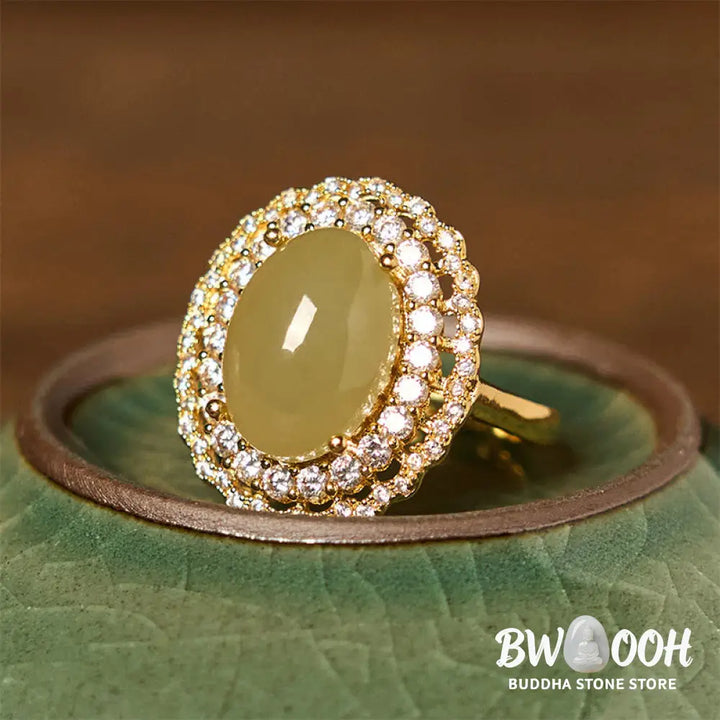 Buddha Stones Natural Hetian Jade Egg Hollow Double Circle Zirconia Copper Open Abundance Ring - Hetian Jade - Ring