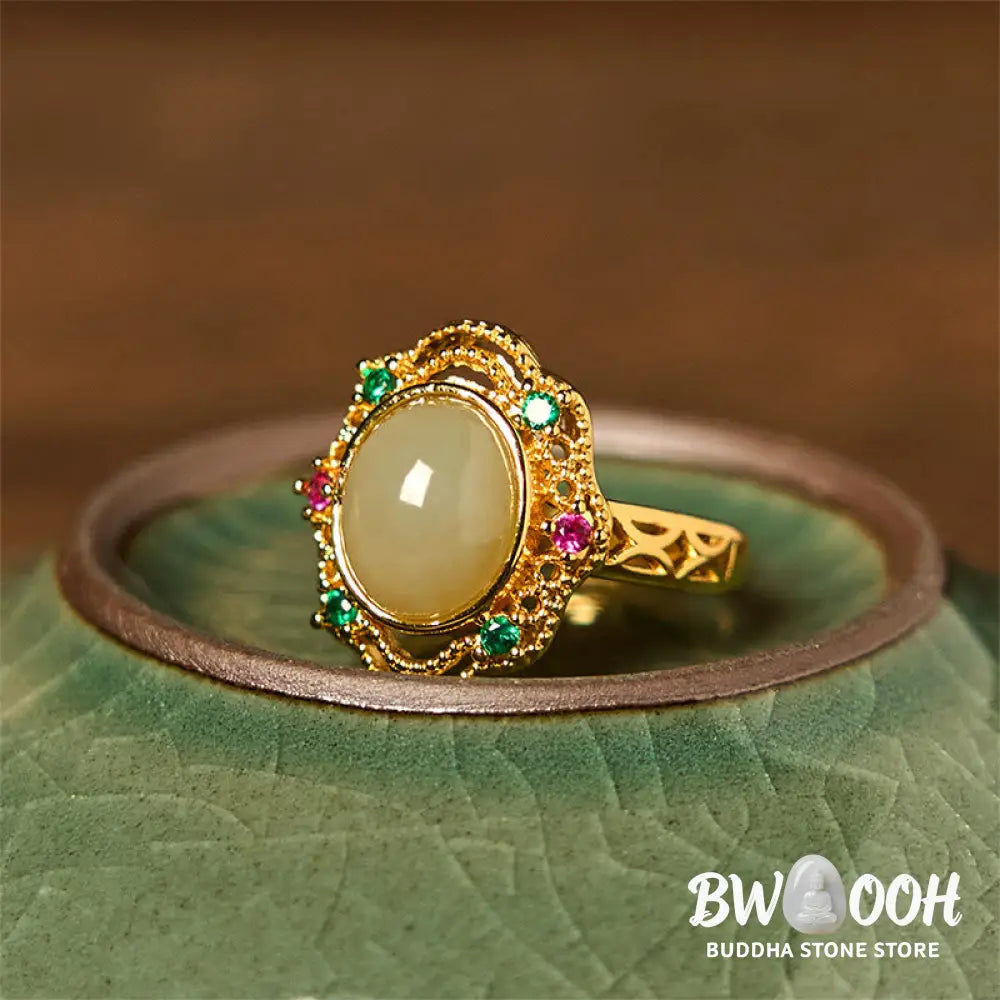 Buddha Stones Natural Hetian Jade Egg Hollow Pattern Copper Open Luck Ring - Hetian Jade - Ring