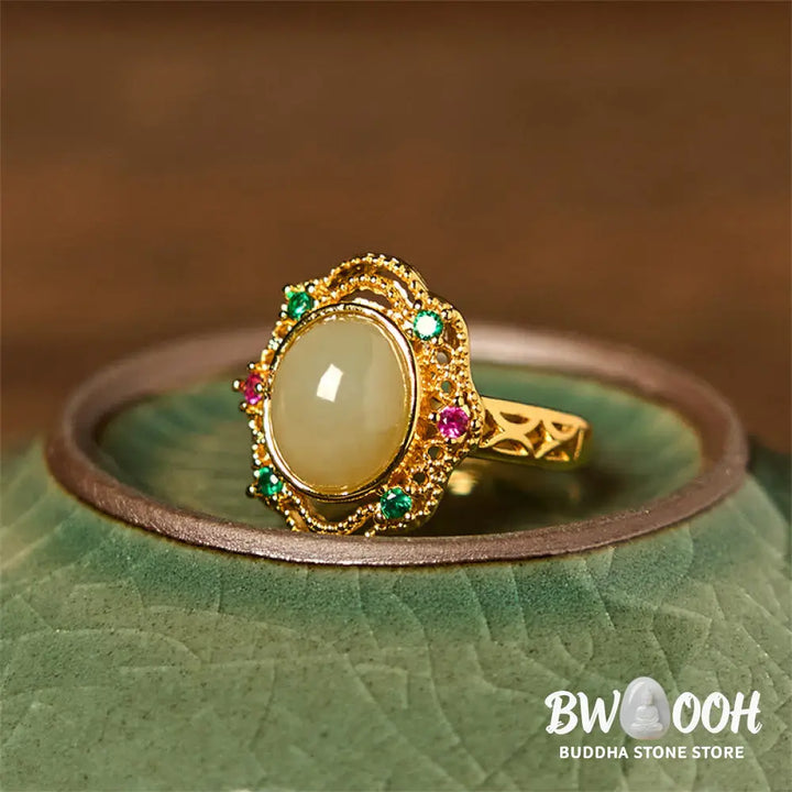 Buddha Stones Natural Hetian Jade Egg Hollow Pattern Copper Open Luck Ring - Hetian Jade - Ring