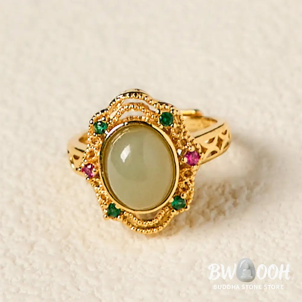 Buddha Stones Natural Hetian Jade Egg Hollow Pattern Copper Open Luck Ring - Hetian Jade - Ring