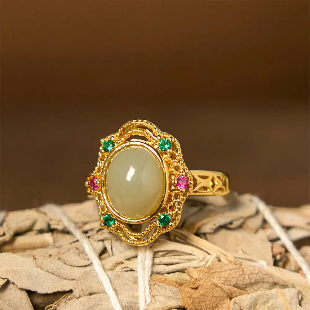 BWOOOH Natural Hetian Jade Egg Hollow Pattern Copper Open Luck Ring — Jade spiritual jewelry for spiritual healing and min...
