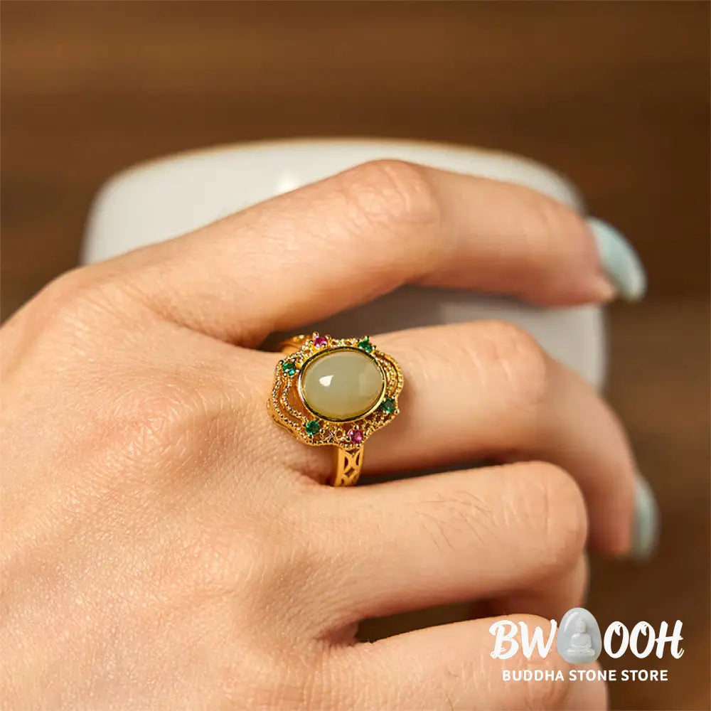 Buddha Stones Natural Hetian Jade Egg Hollow Pattern Copper Open Luck Ring - Hetian Jade - Ring