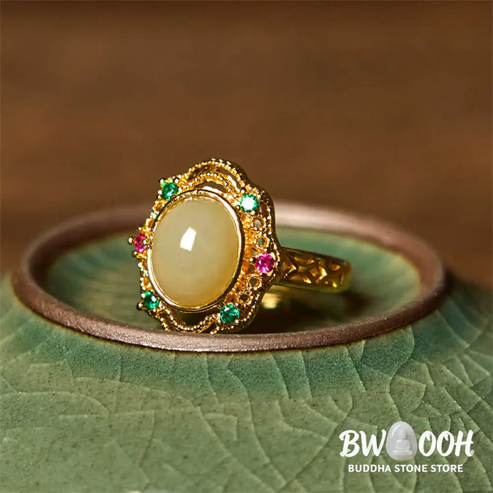 Buddha Stones Natural Hetian Jade Egg Hollow Pattern Copper Open Luck Ring - Hetian Jade - Ring