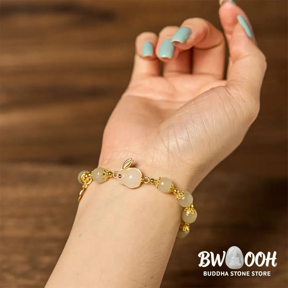 Buddha Stones Natural Hetian Jade Fu Character Fu Brand Rabbit Abundance Bracelet - BWOOOH - Jade(Wrist