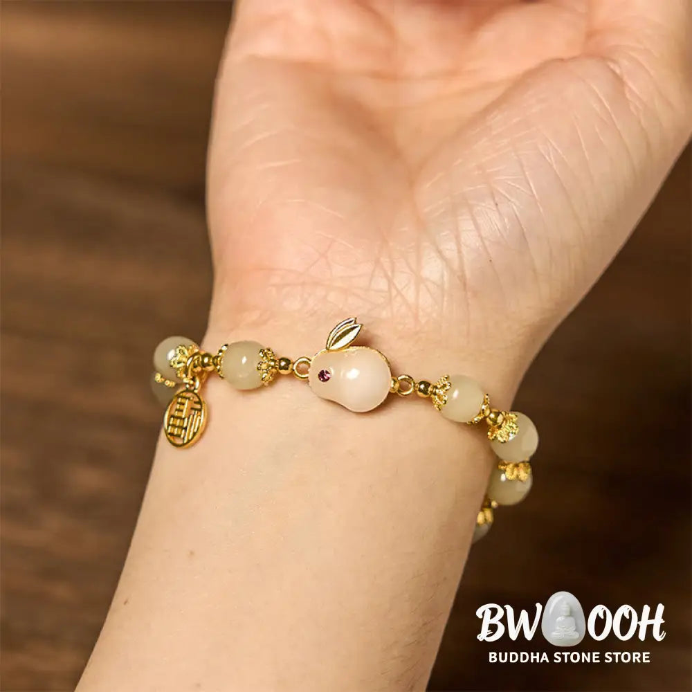Buddha Stones Natural Hetian Jade Fu Character Fu Brand Rabbit Abundance Bracelet - BWOOOH - Jade(Wrist