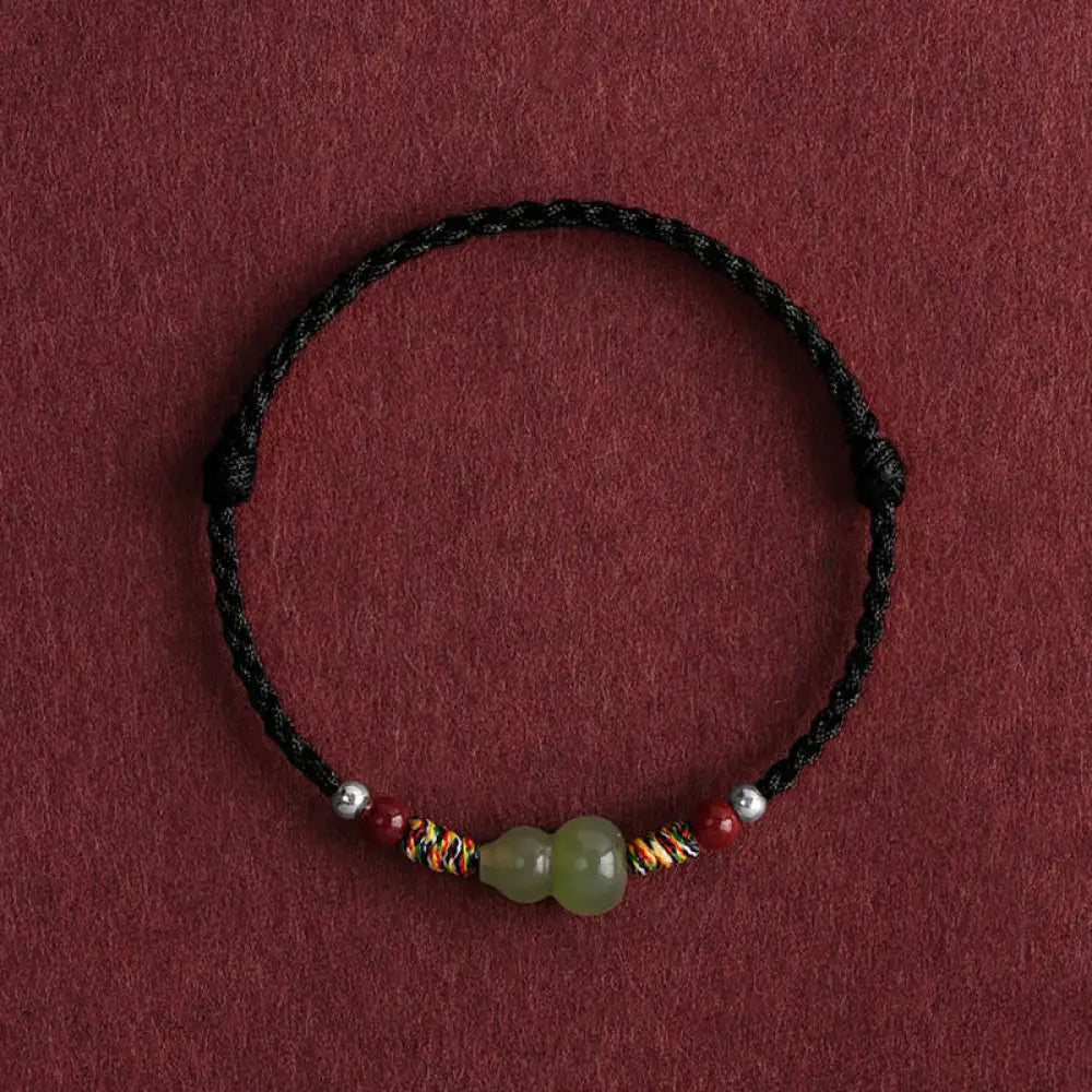 Buddha Stones Natural Hetian Jade Gourd Protection Luck Braided Bracelet Anklet - BWOOOH - Black Rope / Adults