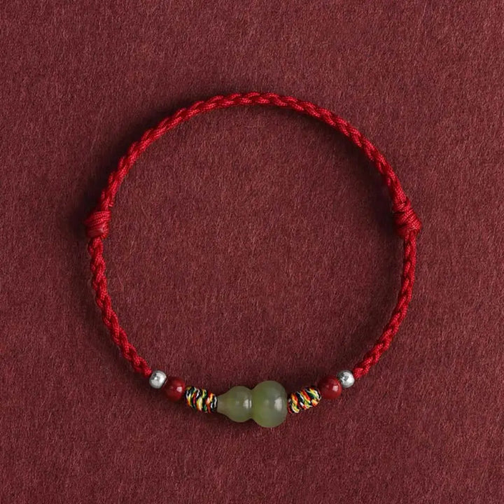 BWOOOH Natural Hetian Jade Gourd Protection Luck Braided Bracelet Anklet - BWOOOH - Dark Red Rope / Adults