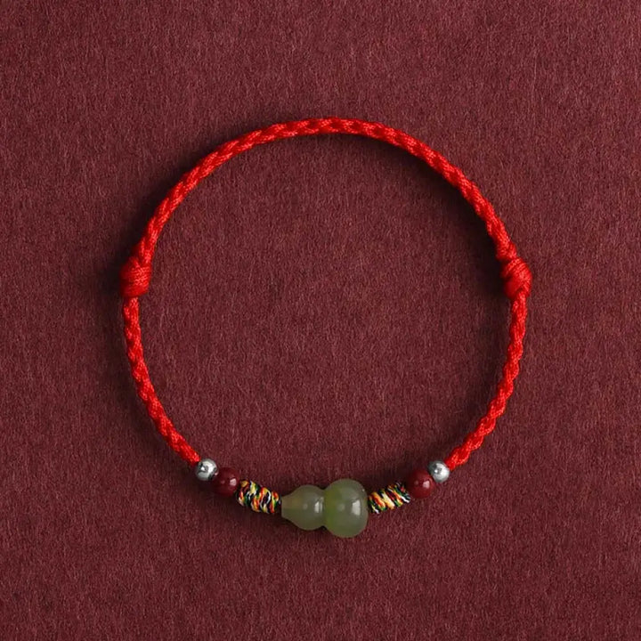 Buddha Stones Natural Hetian Jade Gourd Protection Luck Braided Bracelet Anklet - BWOOOH - Red Rope / Adults
