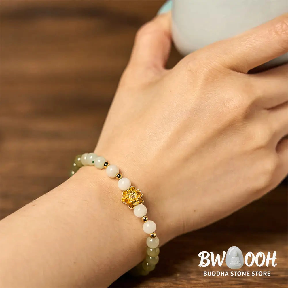 Buddha Stones Natural Hetian Jade Gradient Lotus Abundance Bracelet - BWOOOH - Jade(Wrist Circumference15-16cm)