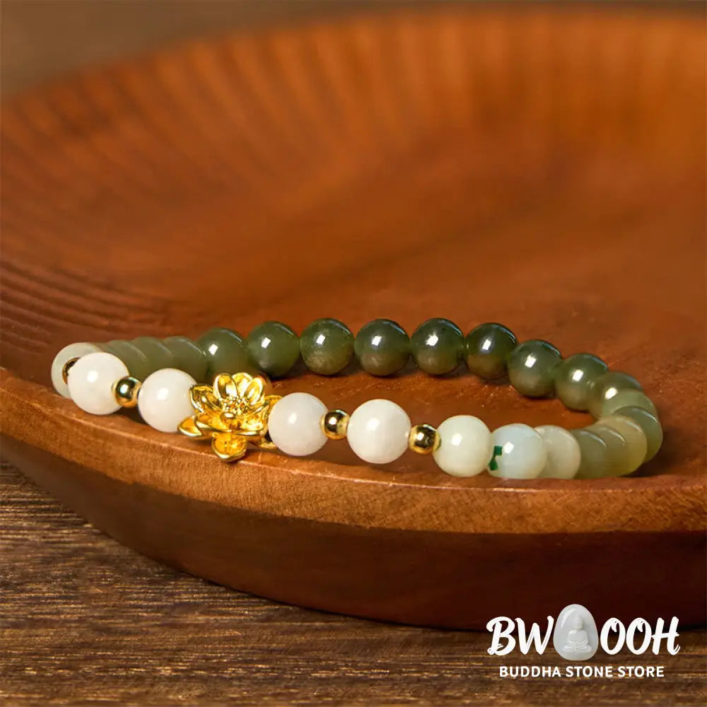 Buddha Stones Natural Hetian Jade Gradient Lotus Abundance Bracelet - BWOOOH - Jade(Wrist Circumference15-16cm)