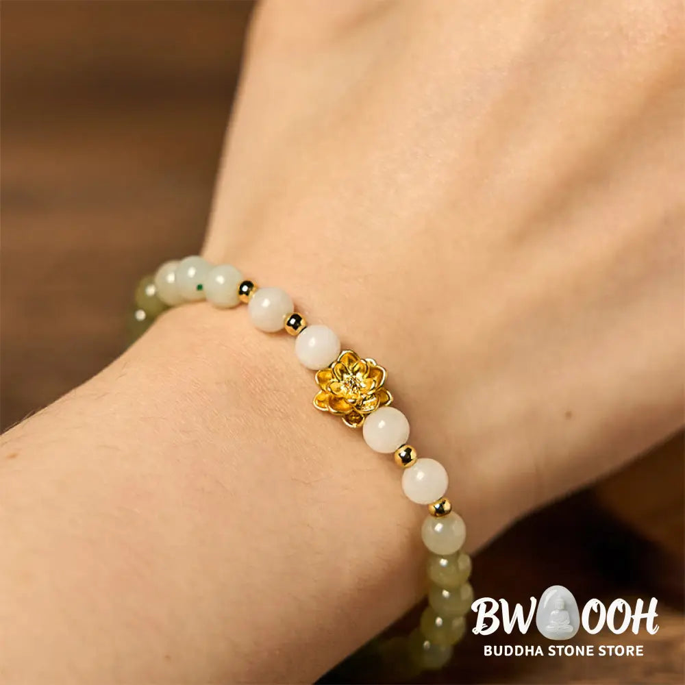 Buddha Stones Natural Hetian Jade Gradient Lotus Abundance Bracelet - BWOOOH - Jade(Wrist Circumference15-16cm)